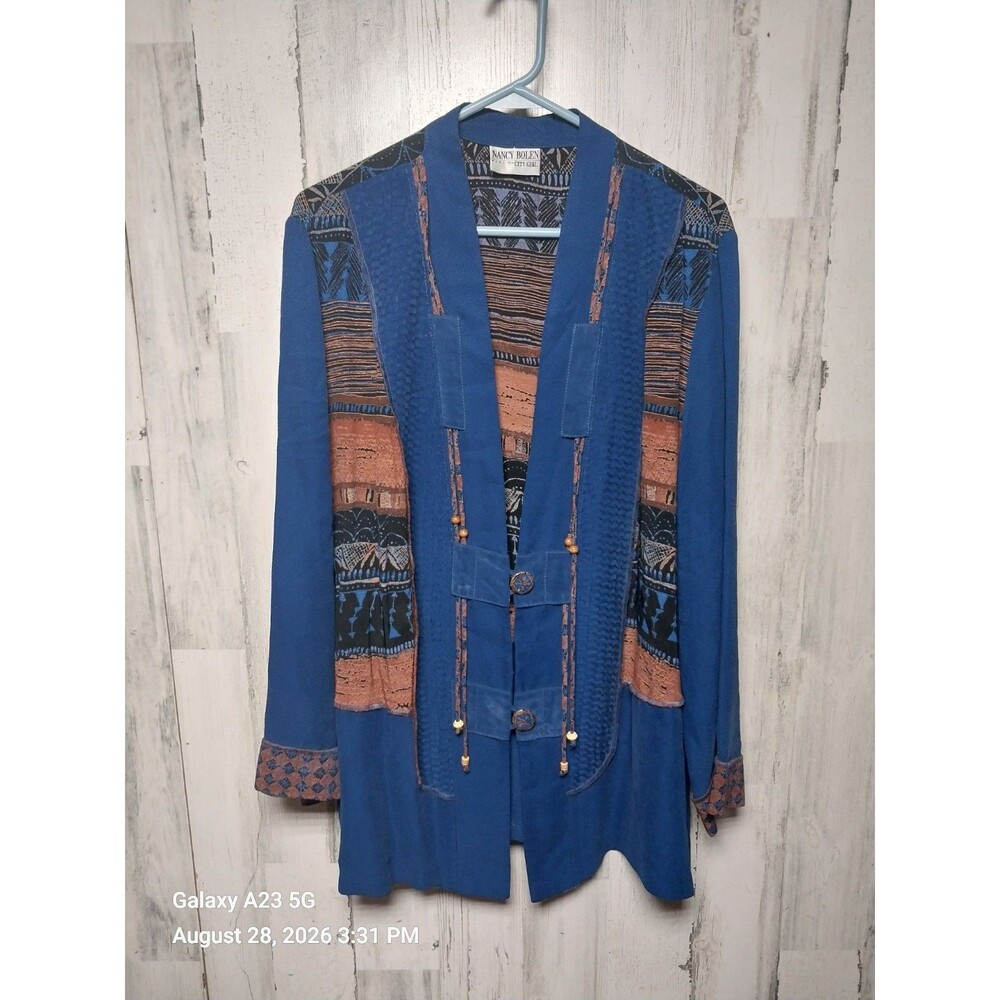 Nancy Bolen City Girl 1X Blue Textured Patterned Boho Jacket Vintage